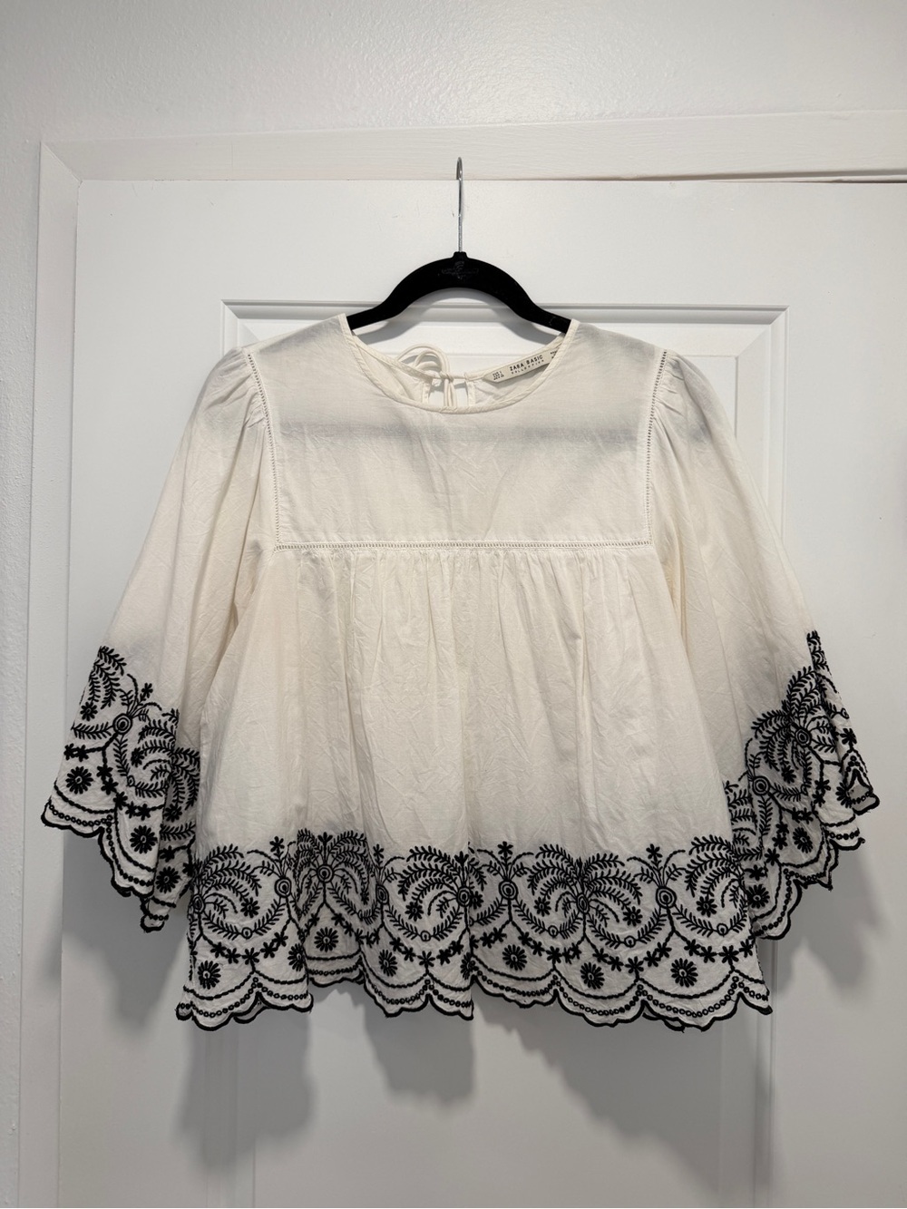 Zara Embroidered White Peasant Top with Black Trim - Women